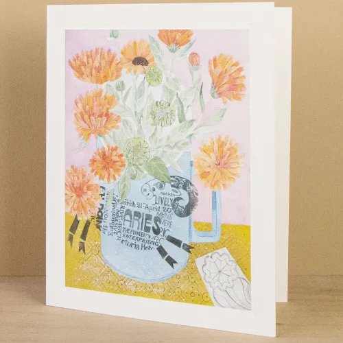 Angie Lewin Marigolds and Aries Mug Greetings Card AL3320
