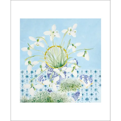 Angie Lewin Snowdrops and Lichen Blue Greetings Card AL3298x