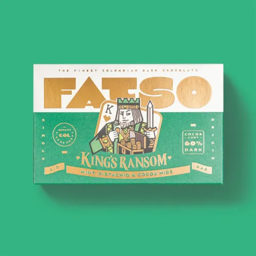 Fatso Kings Ransom Vegan Dark Chocolate Bar Mint Pistachio Cocoa Nibs 150g